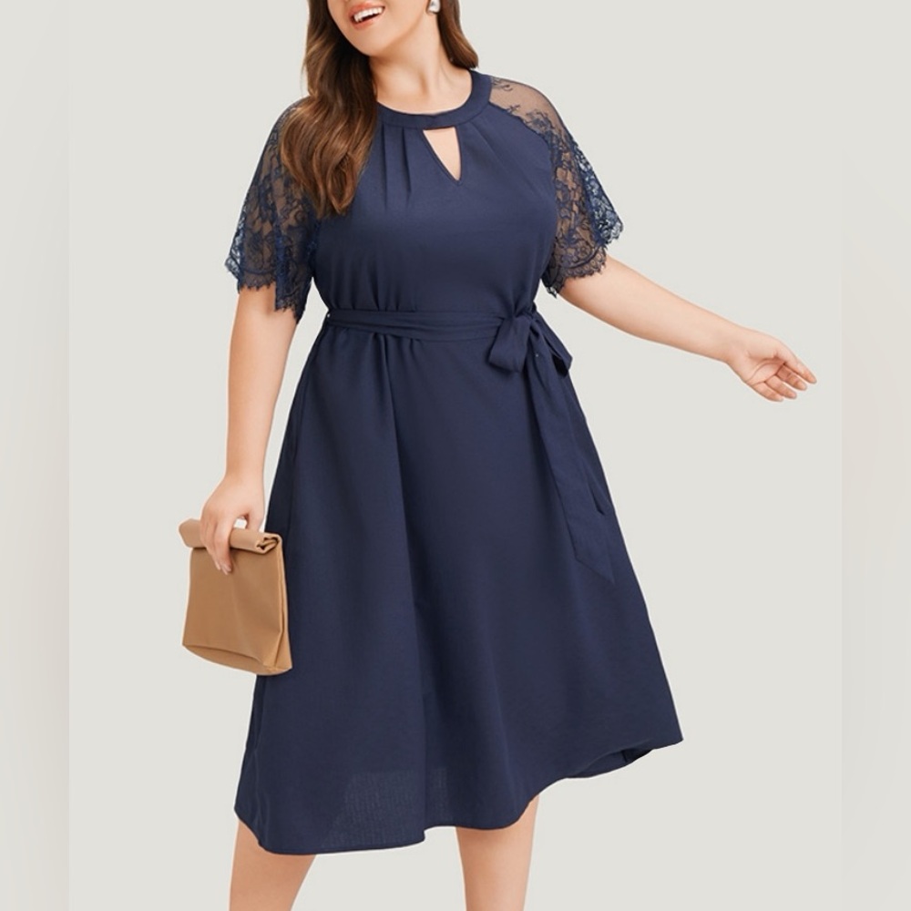Elegant Navy Lace Sleeve Dress